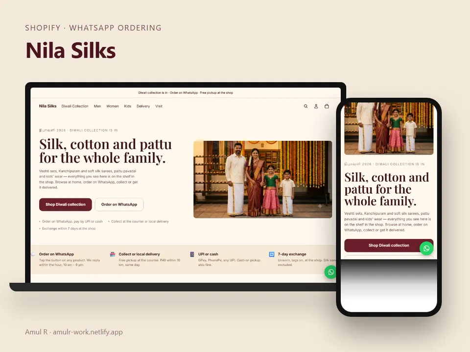Nila Silks: Shopify with WhatsApp ordering